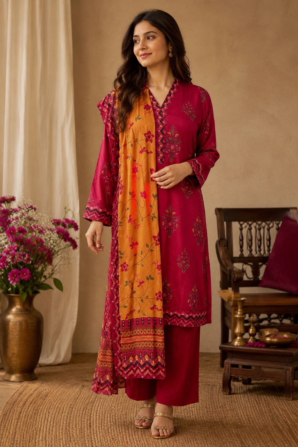 Tawakkal Deep Red Ladies Palazzo Pant Suit Full View