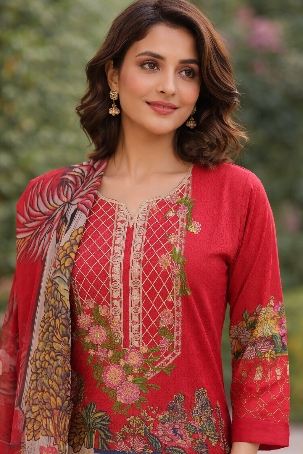 laides red trouser suit close view