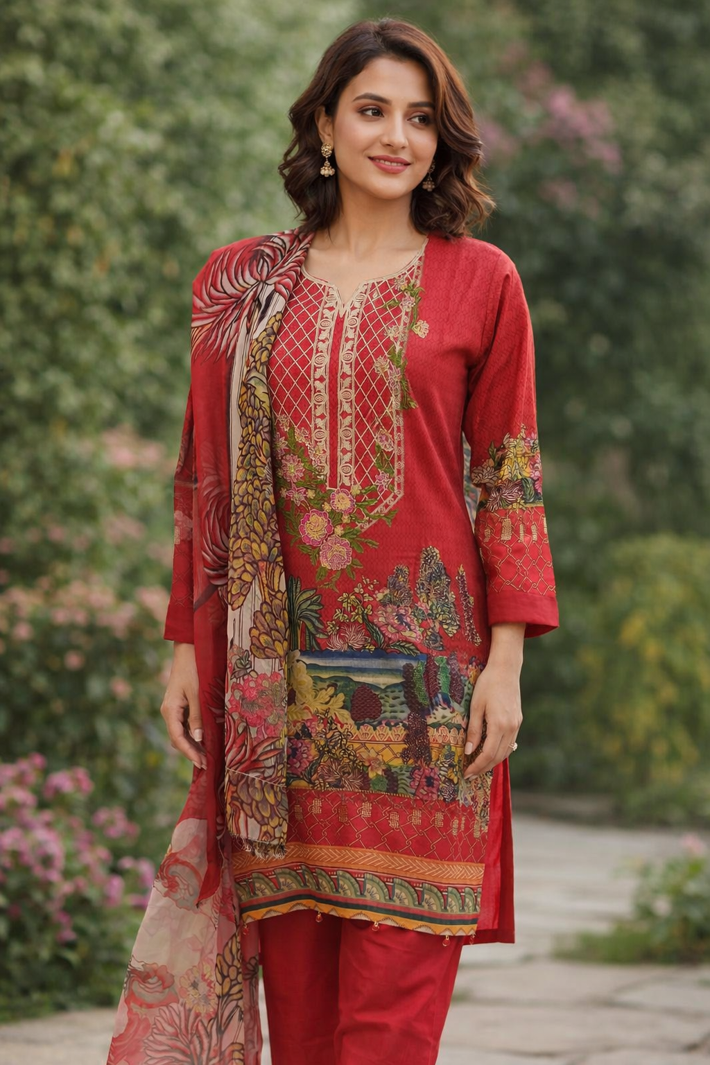 ladies red trouser suit full view