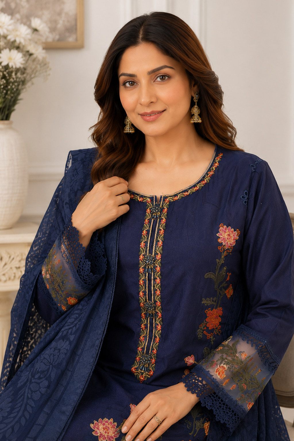 ladies navy blue pakistani palazzo pants suit close up