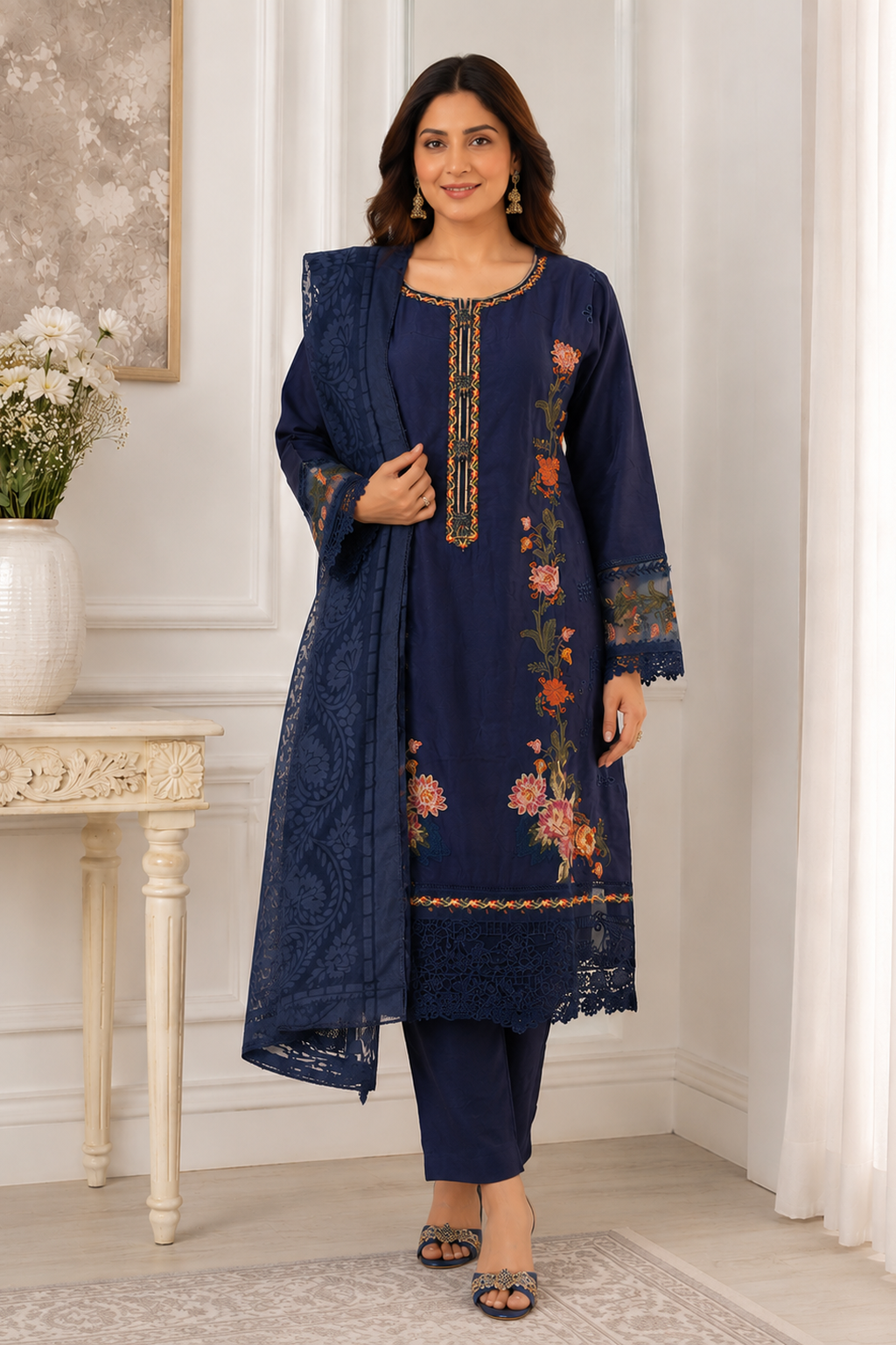 ladies navy blue pakistani palazzo pants Asian party wear wedding eid suit with duptta full view