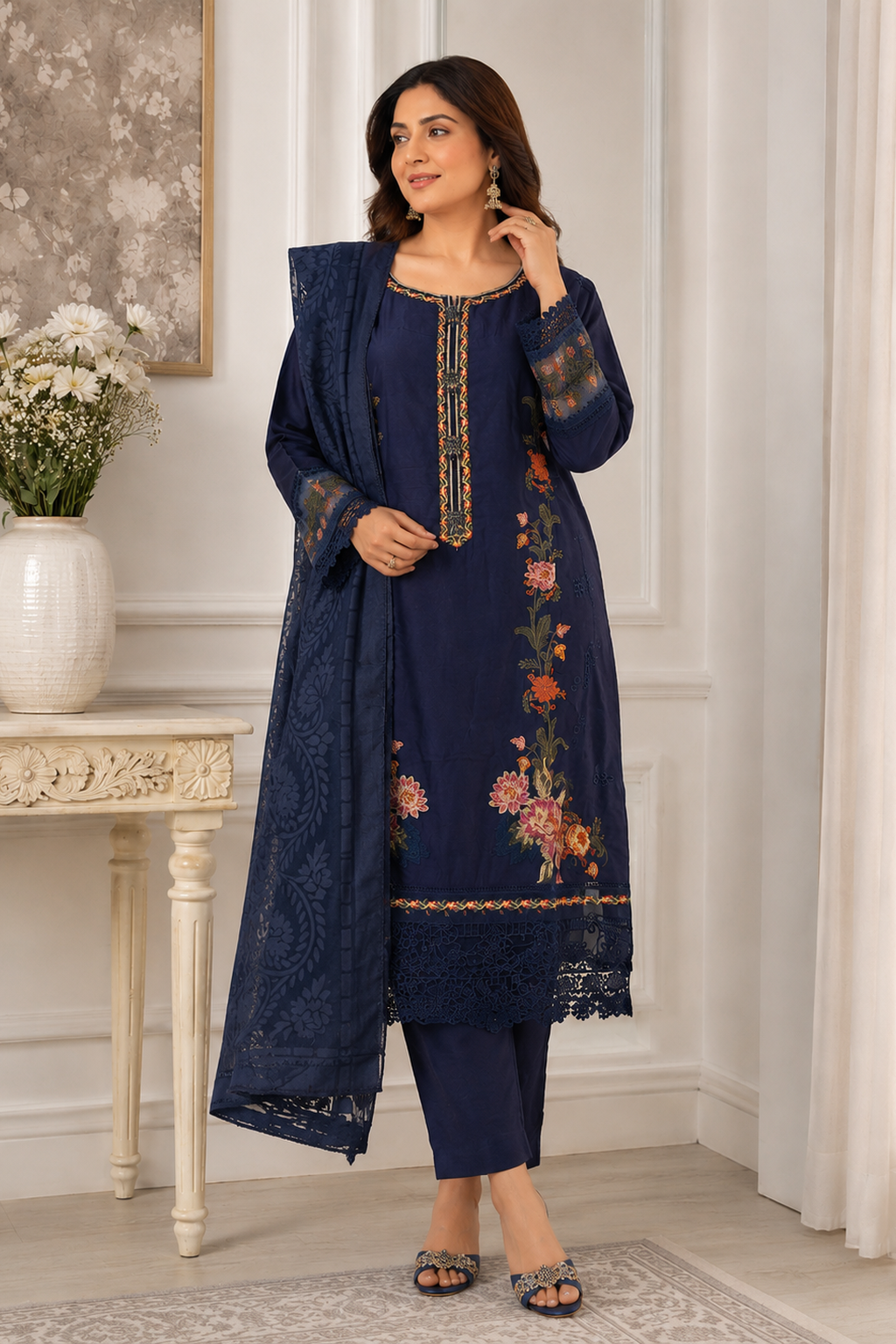 ladies navy blue pakistani palazzo pants Asian party wear wedding eid suit with duptta full view