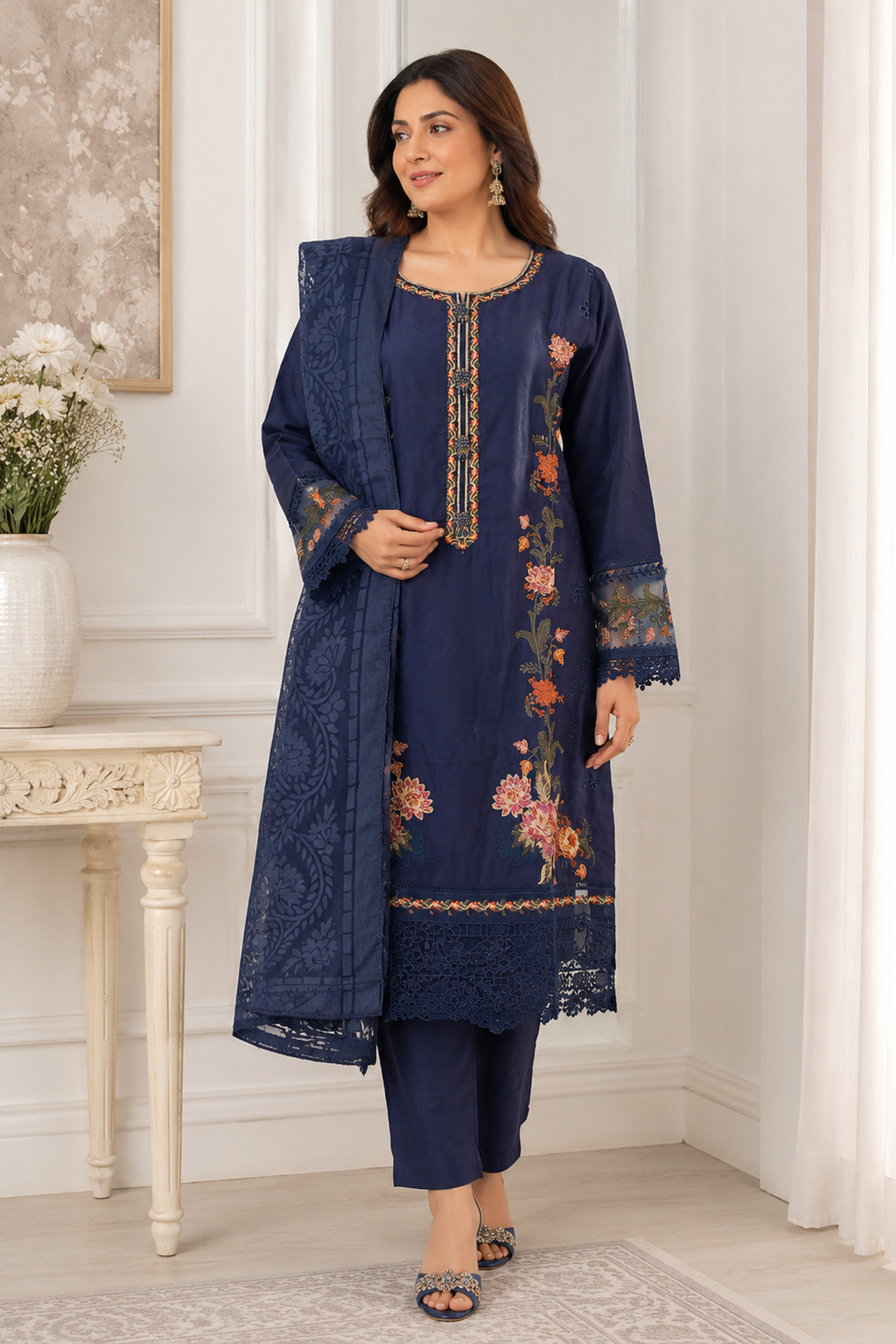 ladies navy blue pakistani palazzo pants suit full view