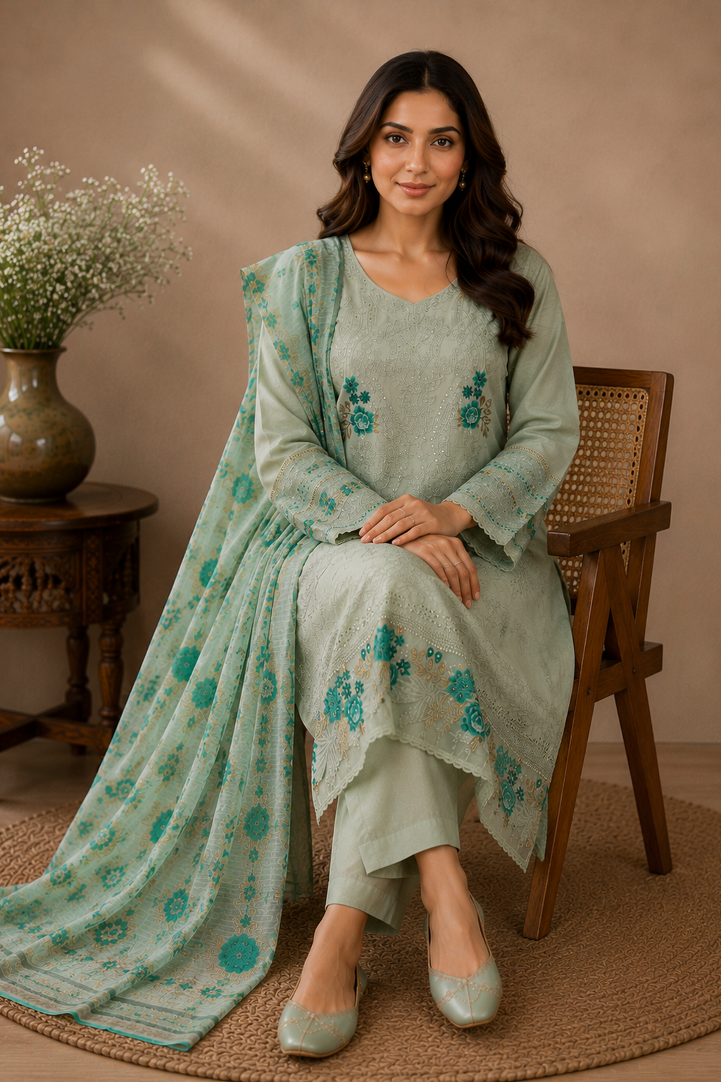 Ladies womens asian Grey embroidered pakistani palazzo pants suit for weddings casual wear eid clothes for women with dupatta