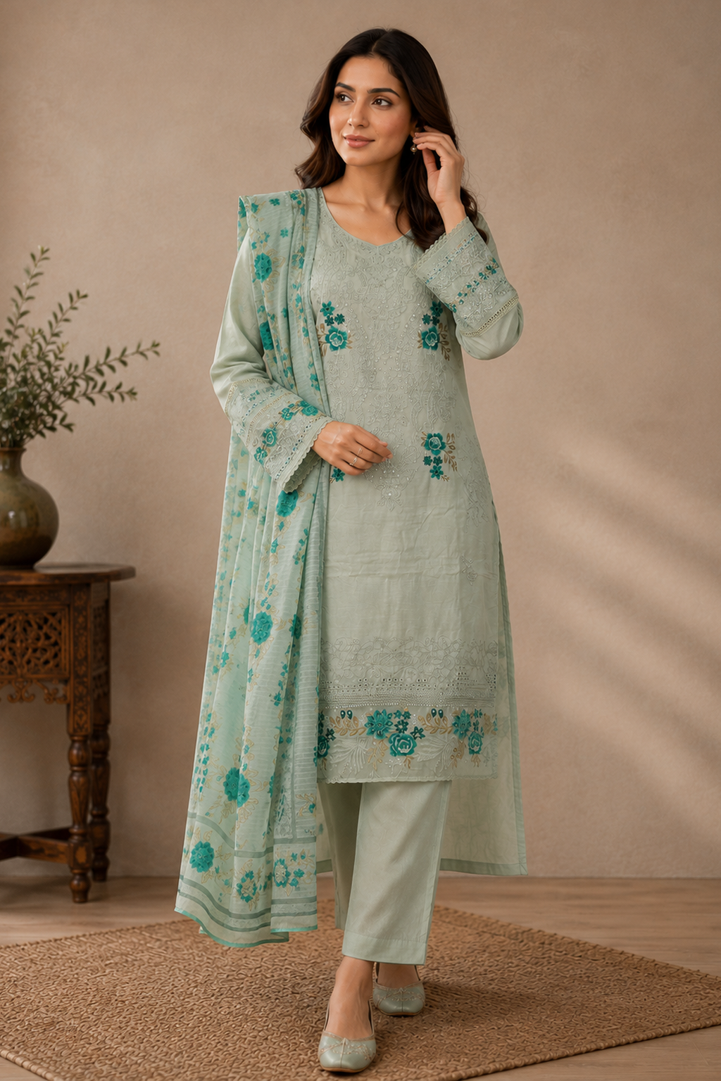 Ladies womens asian Grey embroidered pakistani palazzo pants suit for weddings casual wear eid clothes for women with dupatta