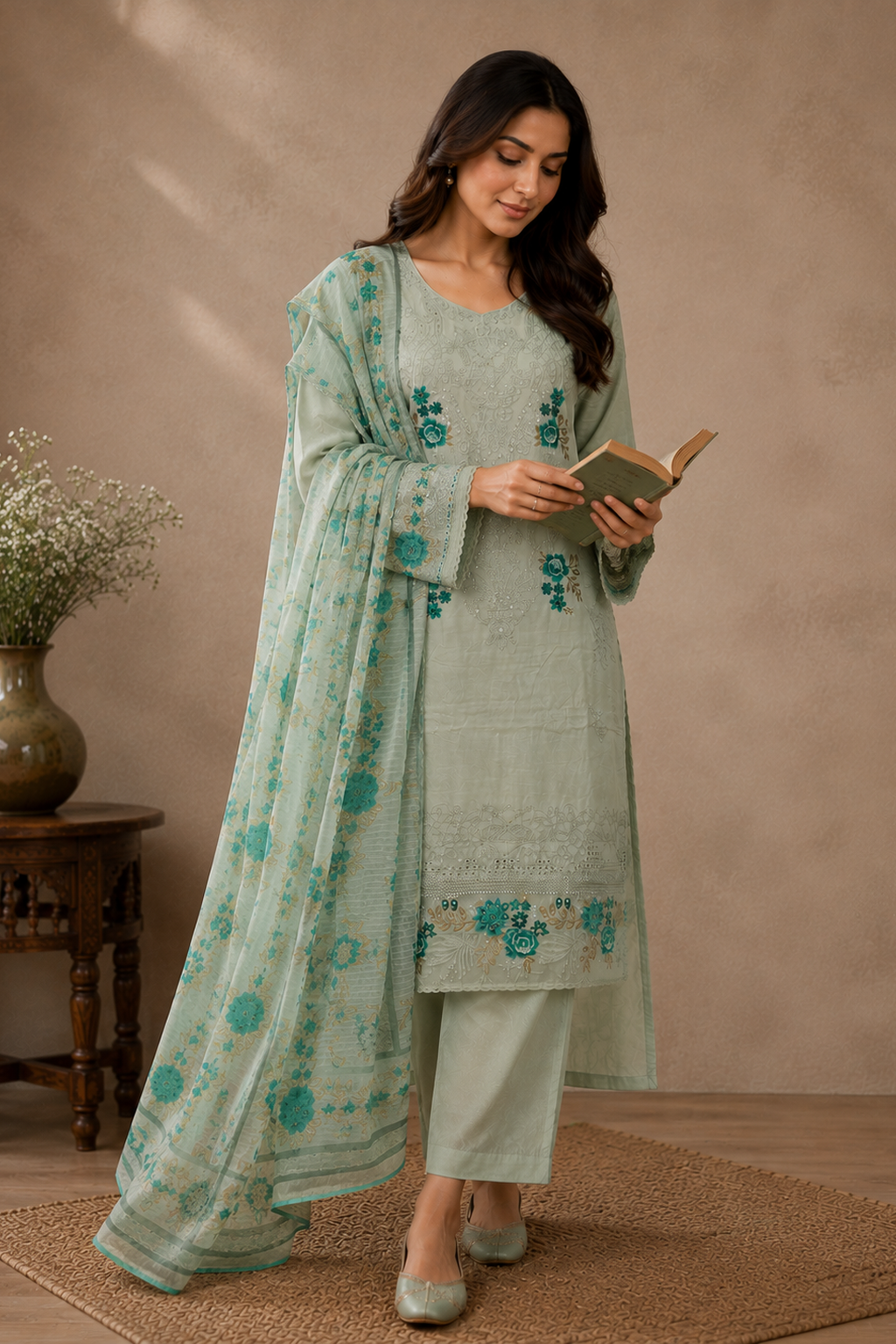 Ladies womens asian Grey embroidered pakistani palazzo pants suit for weddings casual wear eid clothes for women with dupatta
