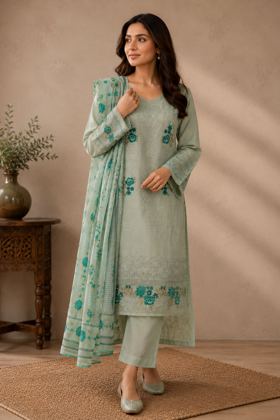 Ladies Grey Embroidered Palazzo Suit With Dupatta – 3 Piece Set