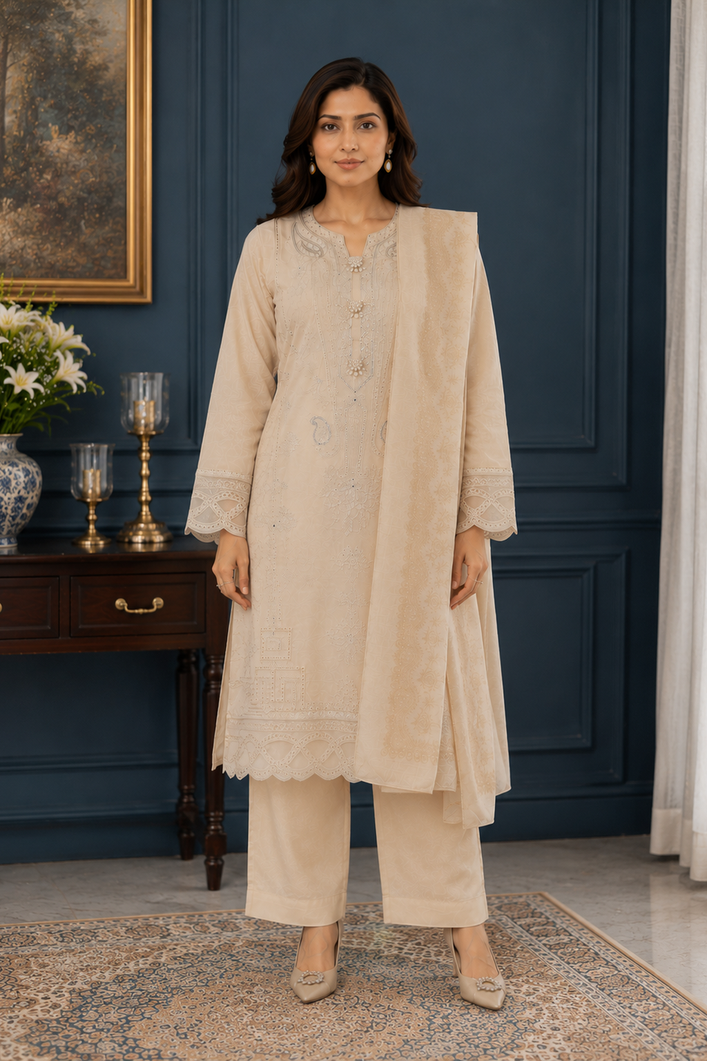 ladies pakistani palazzo suit light beige full standing view