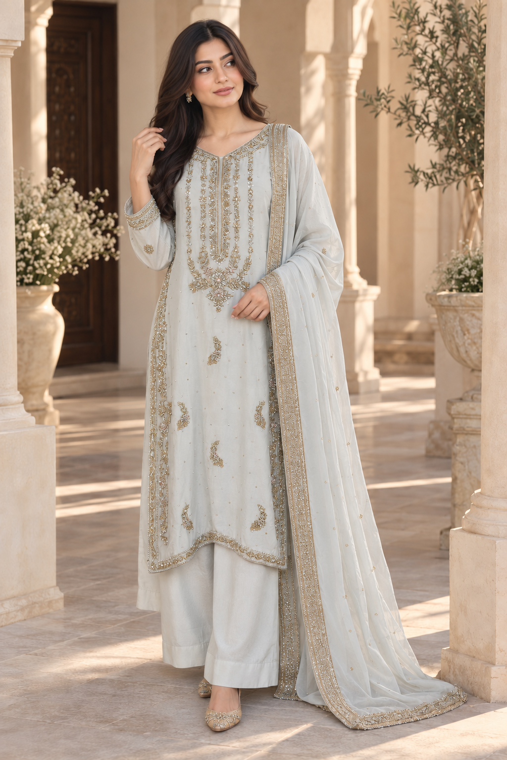 Light Blue Embroidered Indian Palazzo Suit with Dupatta