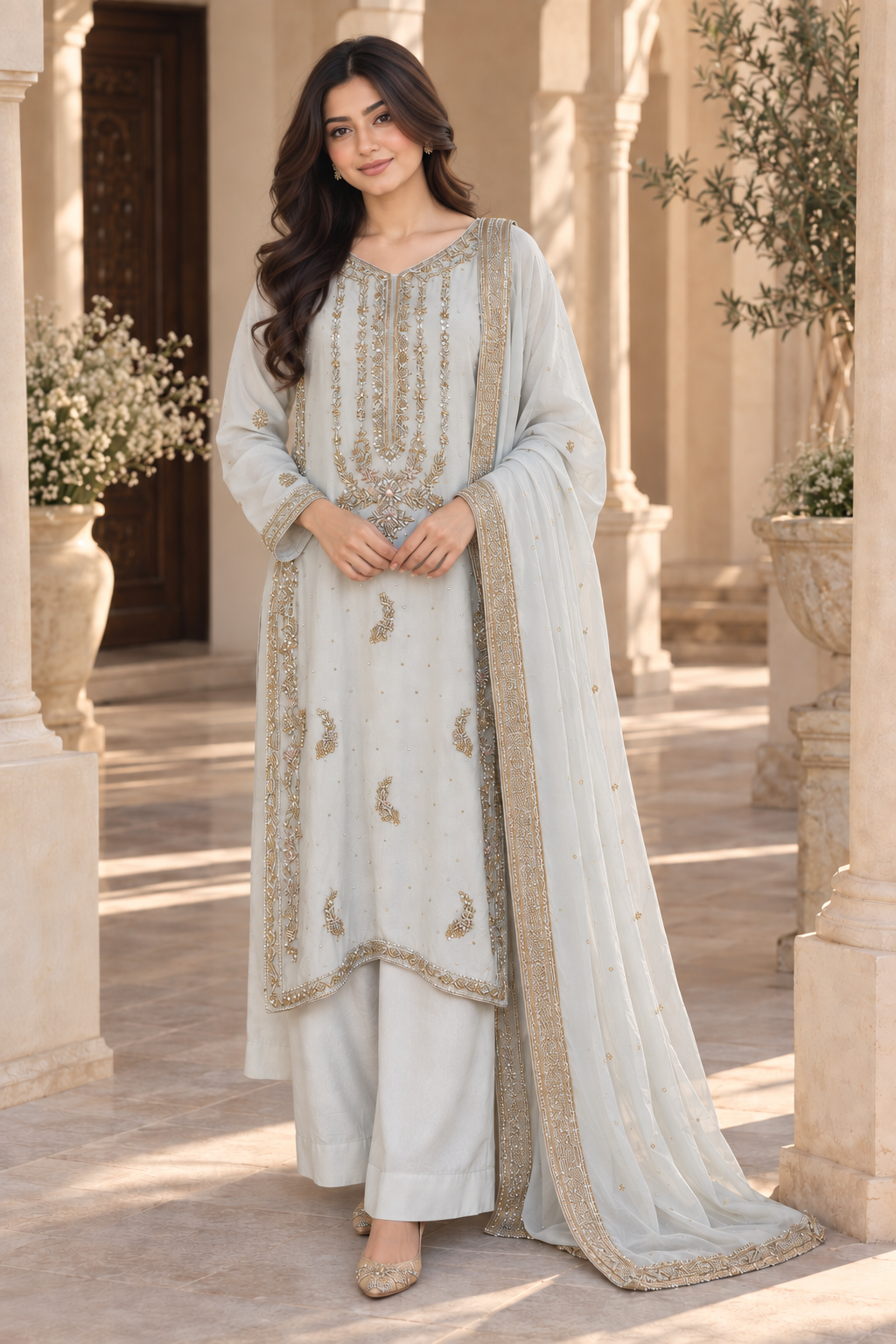 Light Blue Embroidered Indian Palazzo Suit with Dupatta