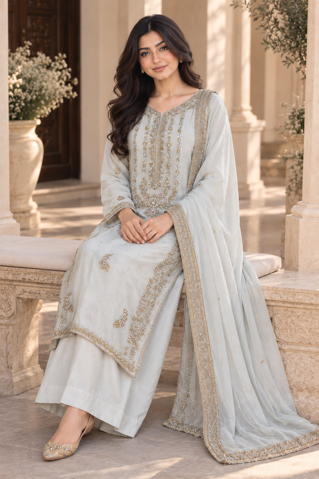 Light Blue Embroidered Indian Palazzo Suit with Dupatta