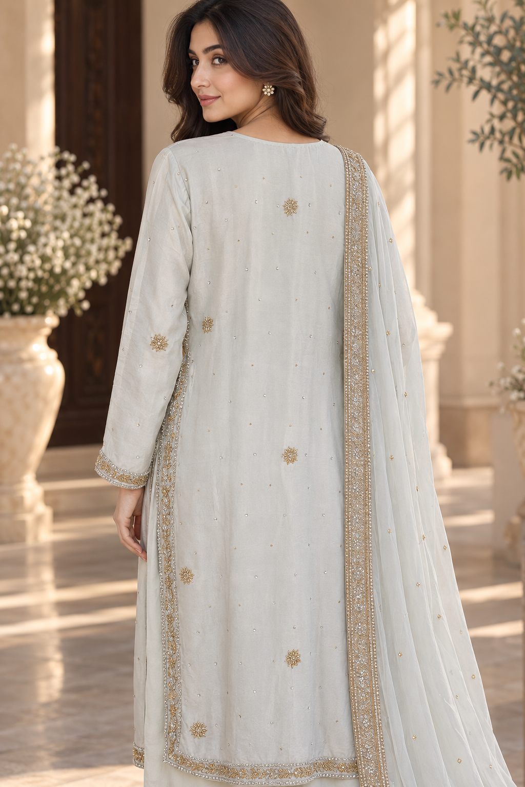 Light Blue Embroidered Indian Palazzo Suit with Dupatta