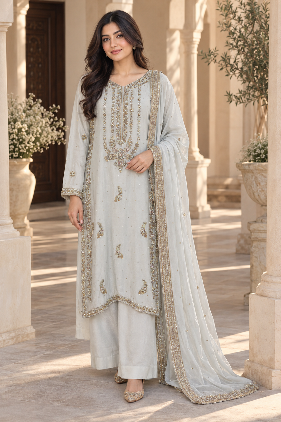 Light Blue Embroidered Indian Palazzo Suit with Dupatta