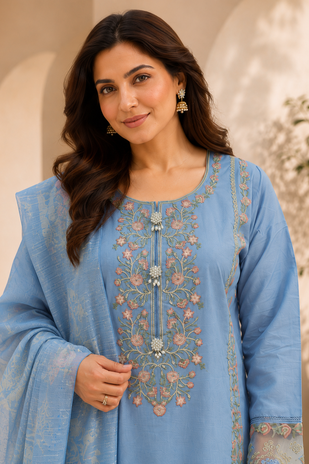 Pakistani palazzo salwar suit for ladies close up view - light blue with floral embroidery. For occasions like parties, eid, weddings, casual wear.