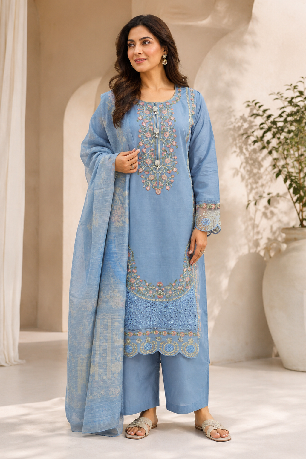 Pakistani palazzo salwar suit for ladies full view - light blue with floral embroidery