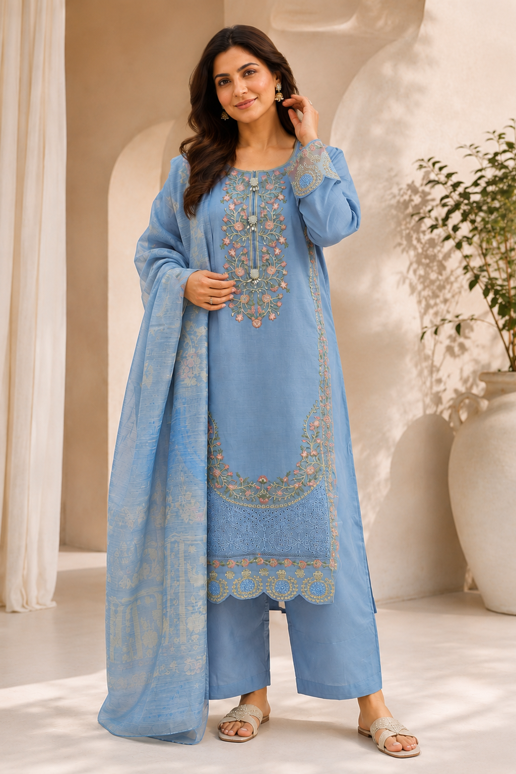 Pakistani palazzo salwar suit for ladies full view - light blue with floral embroidery. For occasions like parties, eid, weddings, casual wear.