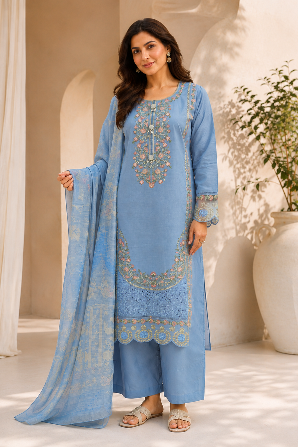 Ladies Light Blue Palazzo Suit - Pakistani Style