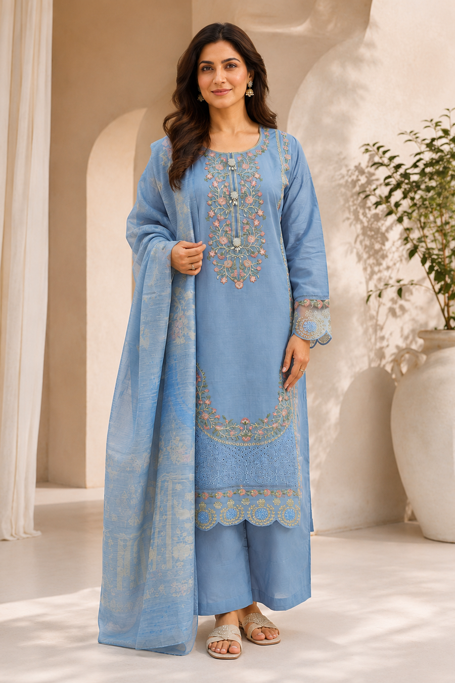 Ladies Light Blue Palazzo Suit - Pakistani Style