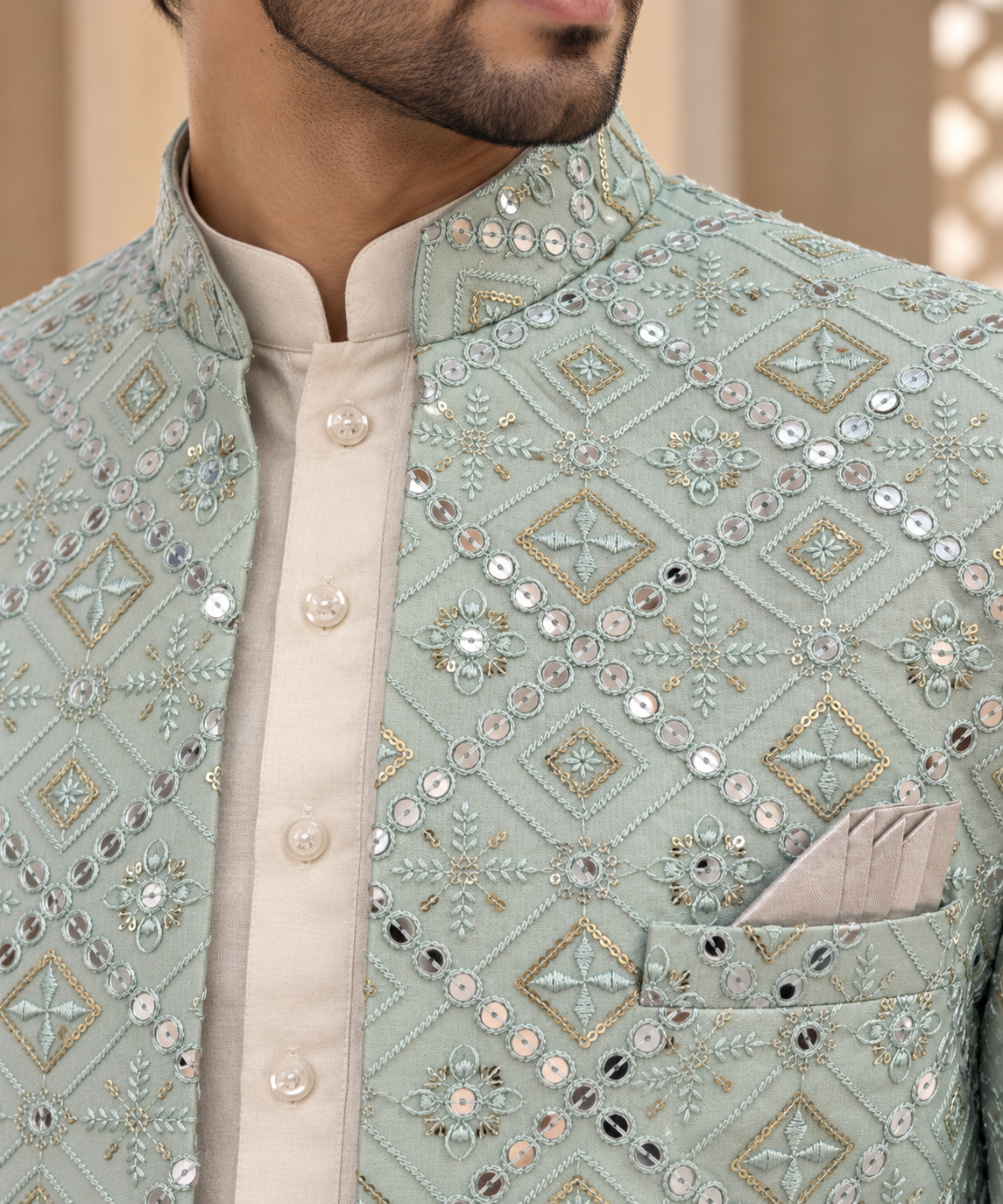 Men’s Light Blue Embroidered Open Jodhpuri Prince Jacket Blazer
