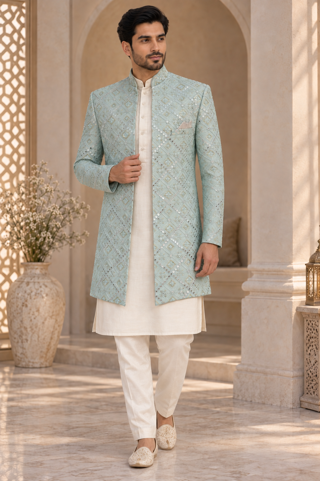 Men’s Light Blue Embroidered Open Jodhpuri Prince Jacket Blazer