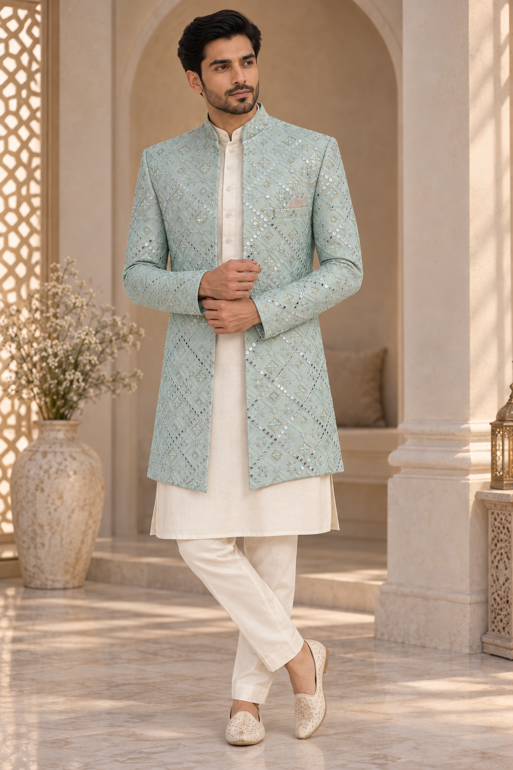 Men’s Light Blue Embroidered Open Jodhpuri Prince Jacket Blazer