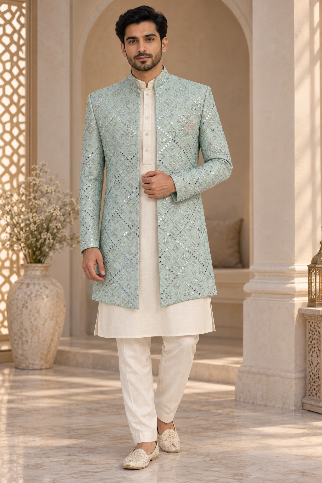 Men’s Light Blue Embroidered Open Jodhpuri Prince Jacket Blazer