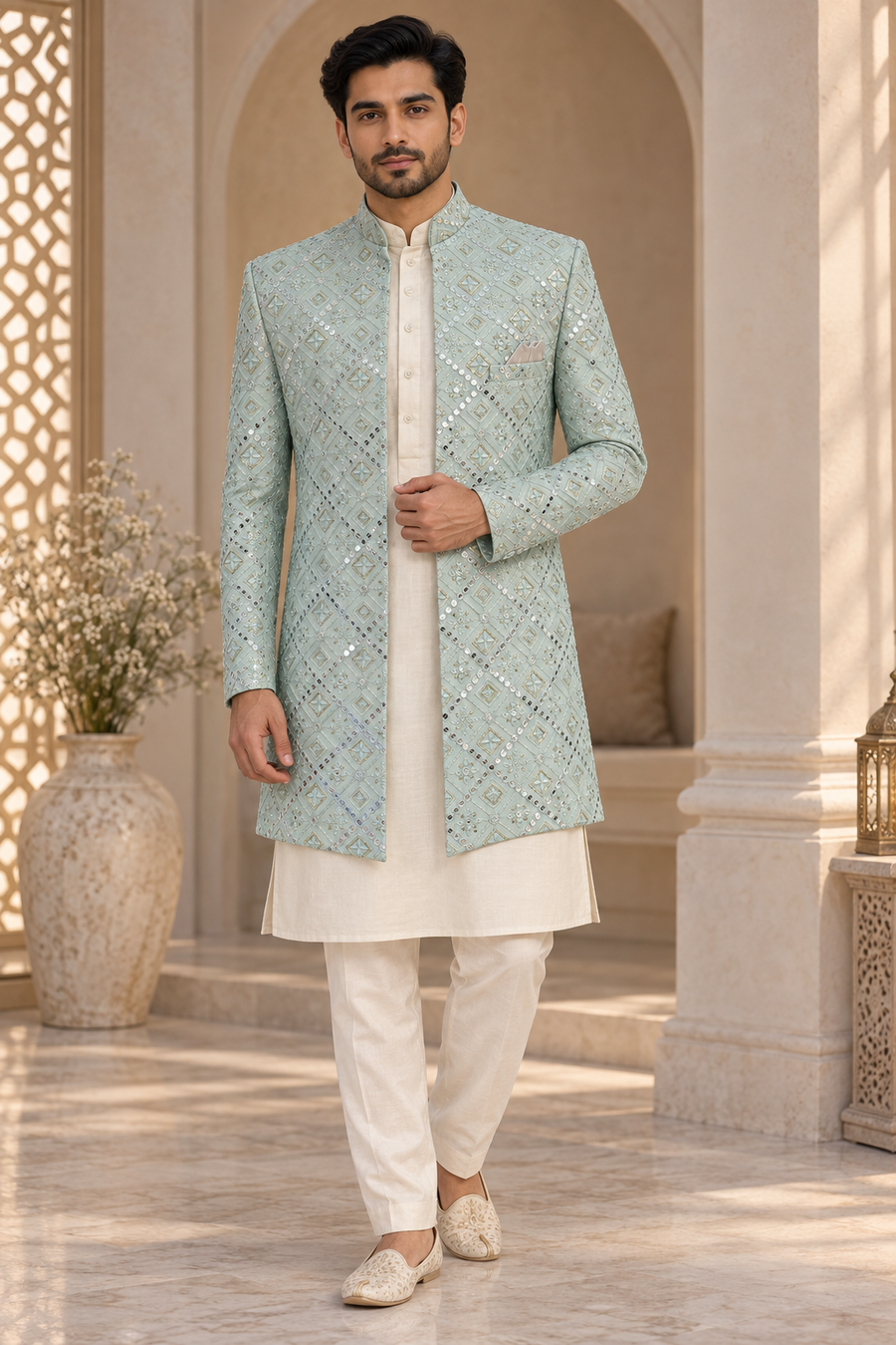 Men’s Light Blue Embroidered Open Jodhpuri Prince Jacket Blazer