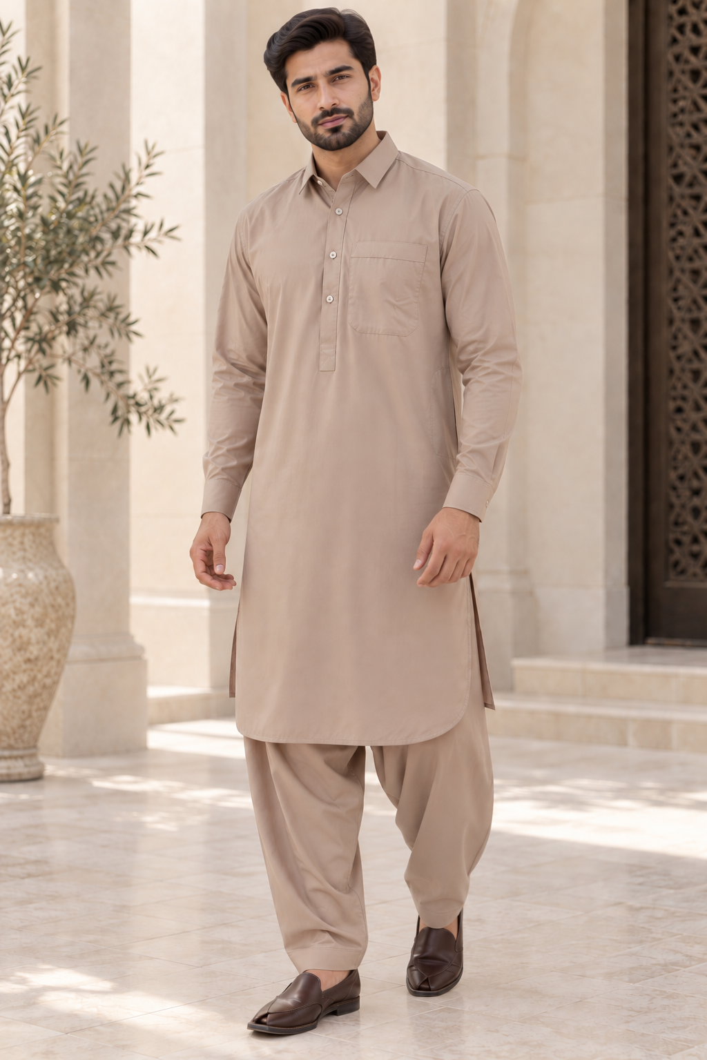 Men’s Light Brown Salwar Kameez with Collar