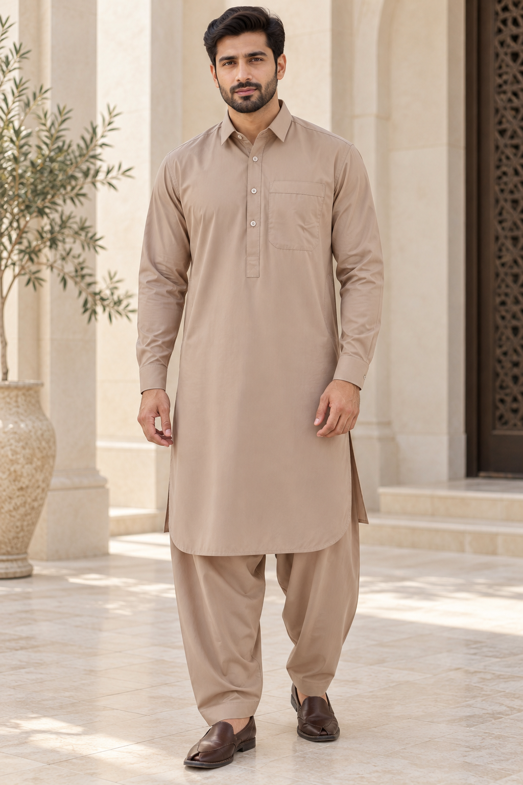 Men’s Light Brown Salwar Kameez with Collar