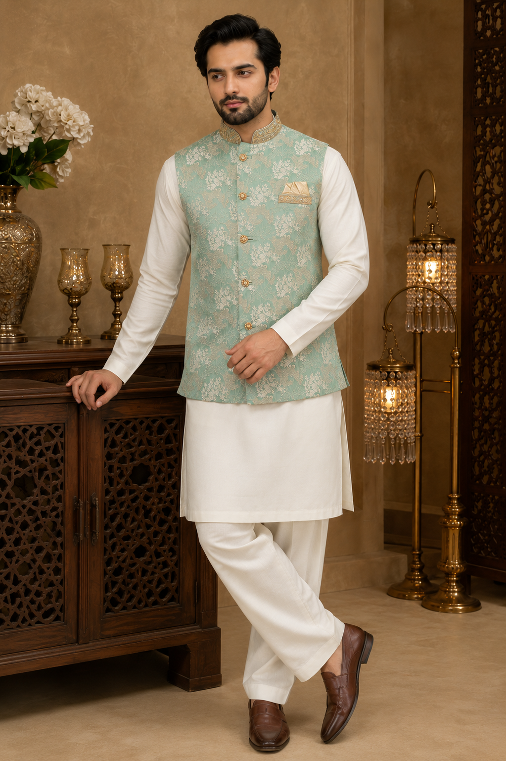 mens light green indian nehru jacket waistcoat for weddings and formal wear.  full view