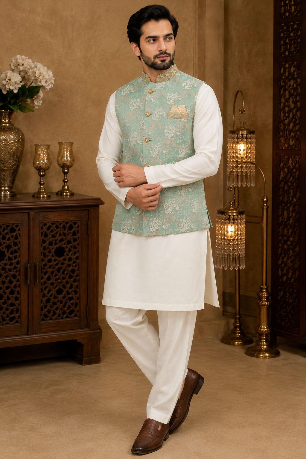 mens light green indian nehru jacket waistcoat for weddings and formal wear.  full view