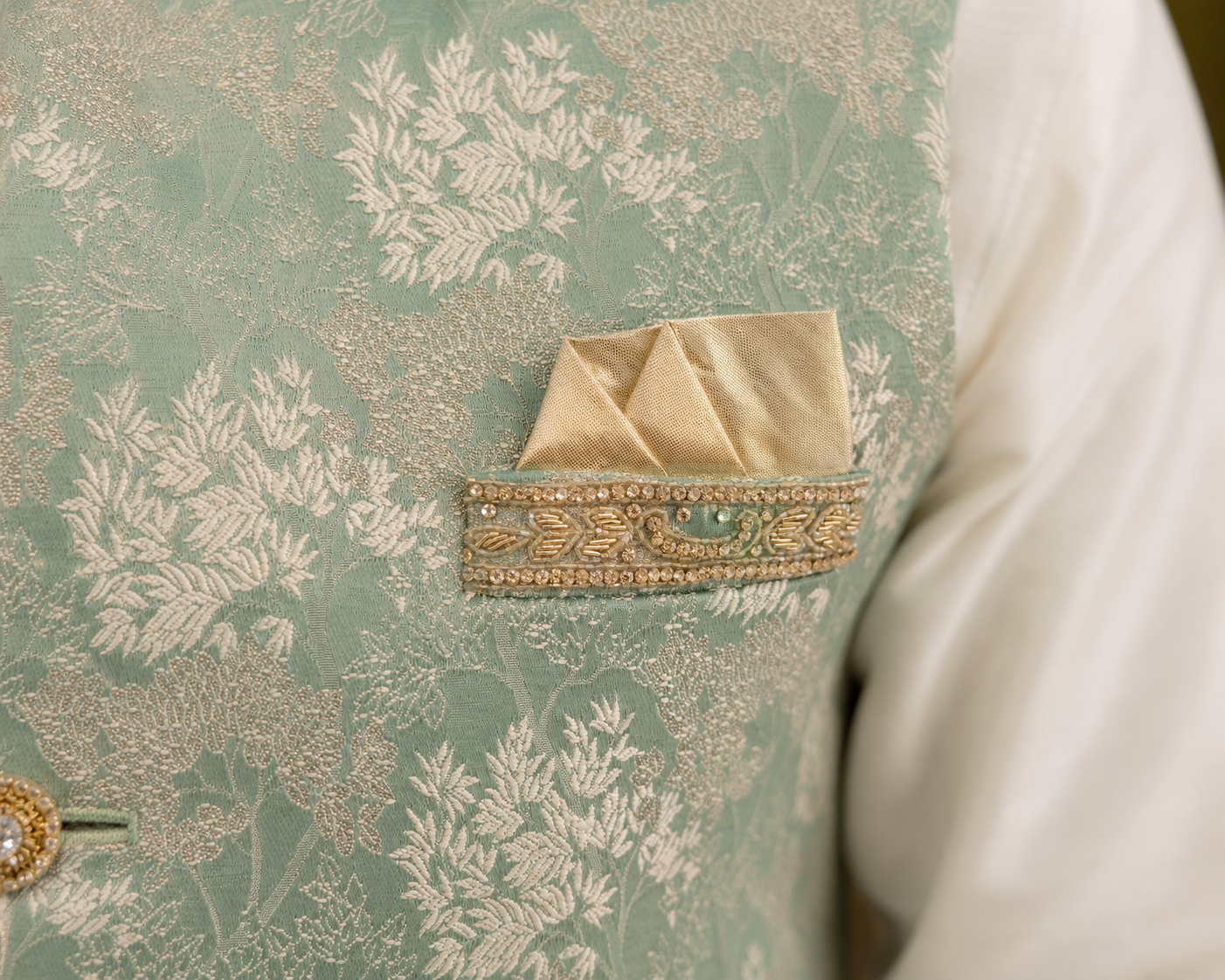 mens light green indian nehru jacket waistcoat for weddings and formal wear.  pocket design close view