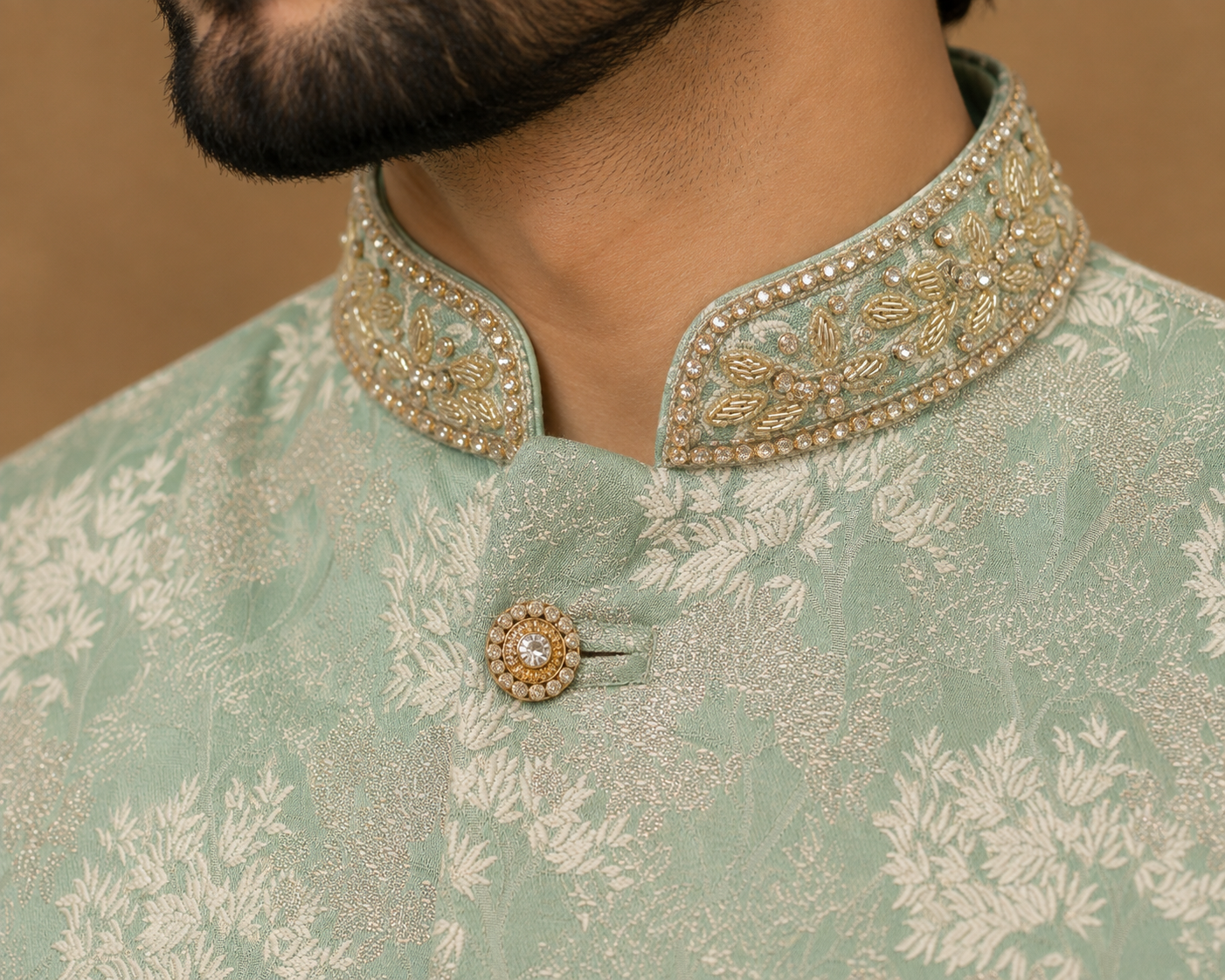 mens light green indian nehru jacket waistcoat for weddings and formal wear.  collar design close view