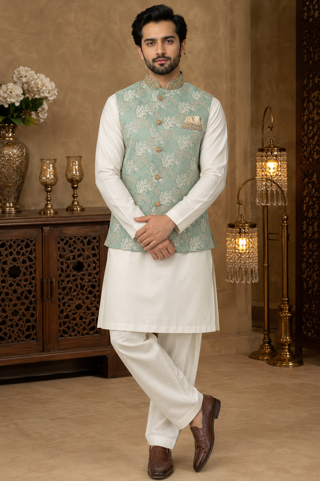 mens light green indian nehru jacket waistcoat for weddings and formal wear. 