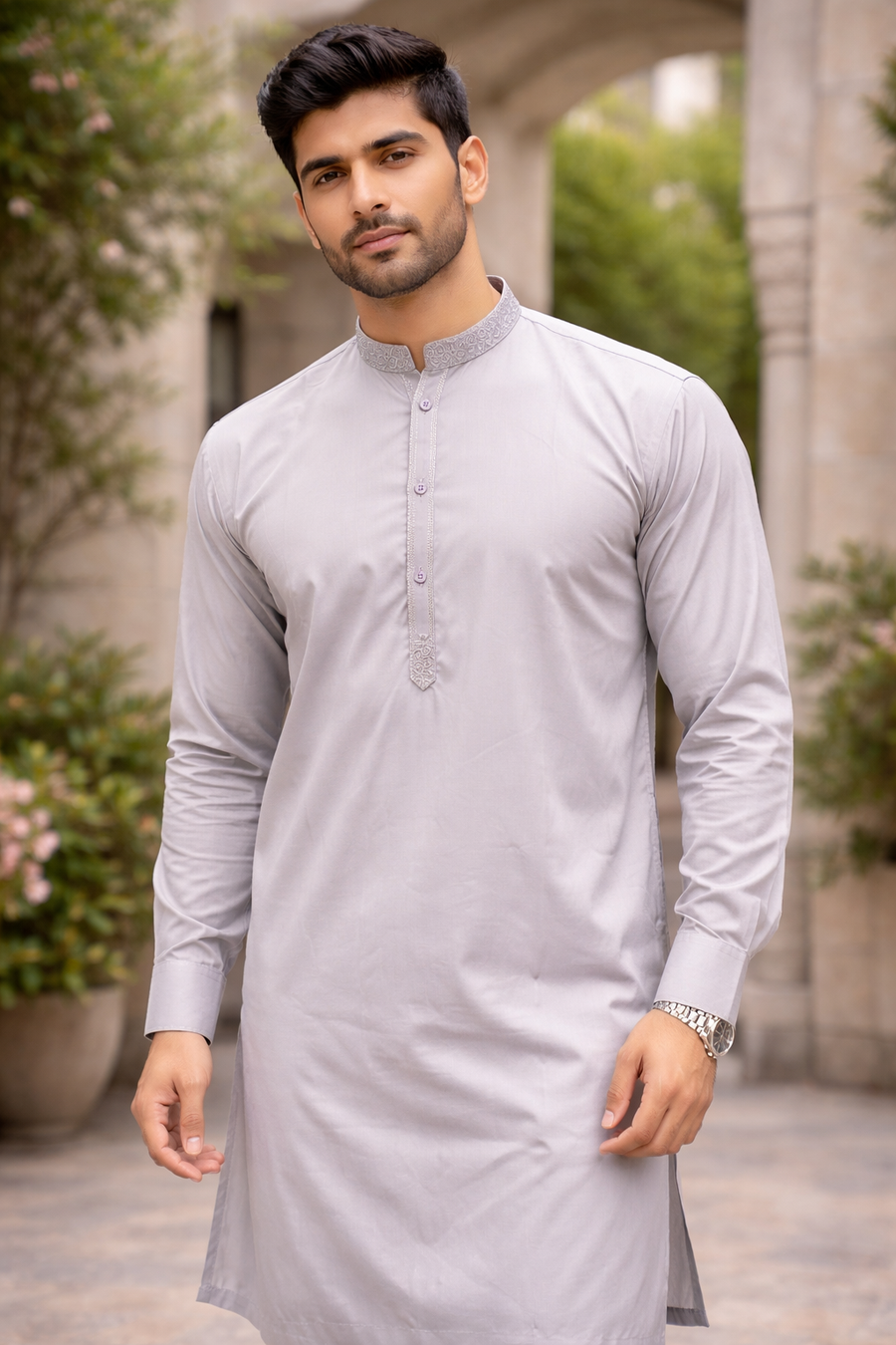 Men's Lilac Shalwar Kameez - Thread Embroidered - Pakistani Style