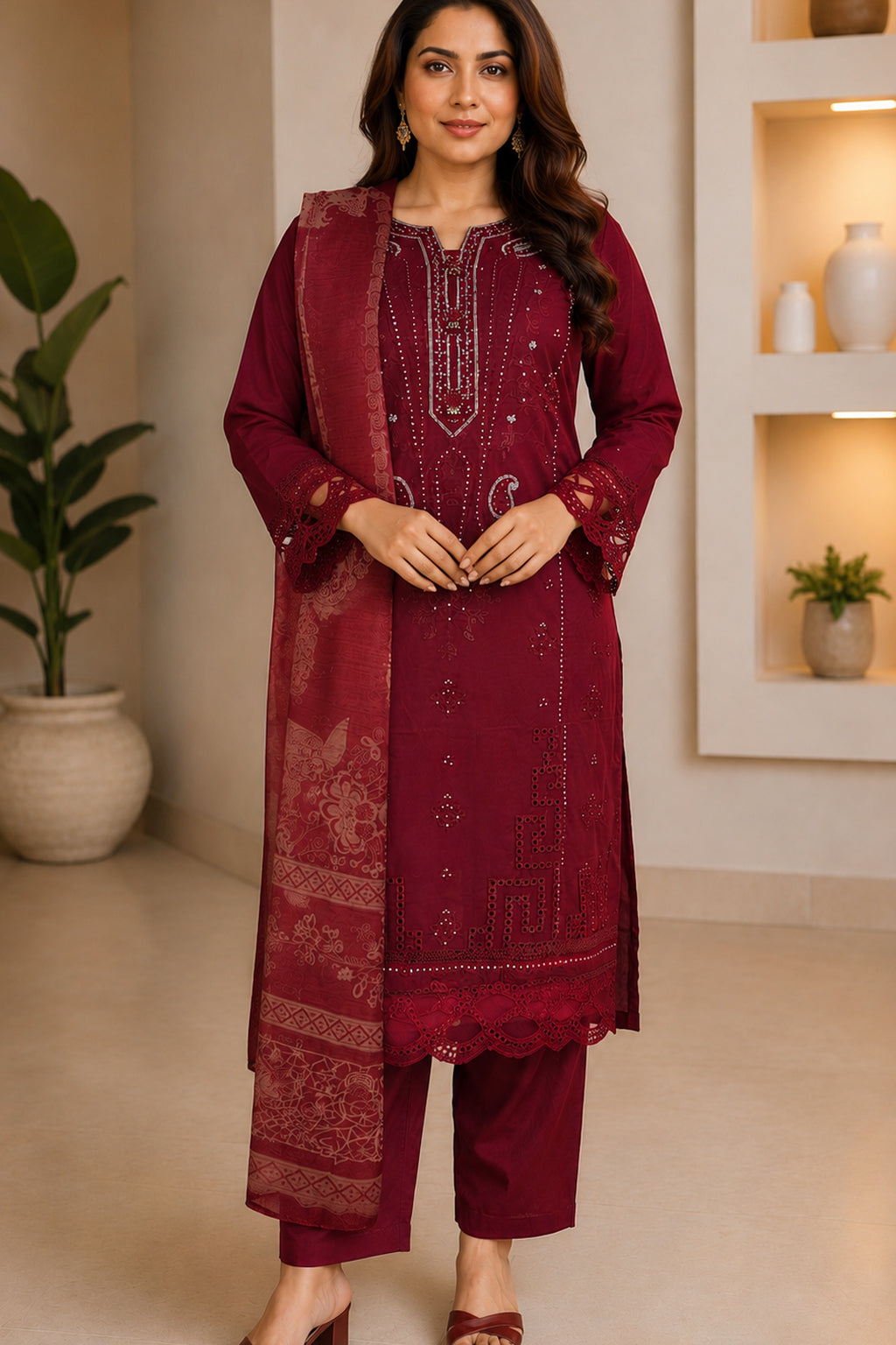 maroon ladies palazzo pakistani salwar kameez kurta suit casual everyday wear embroidered. 