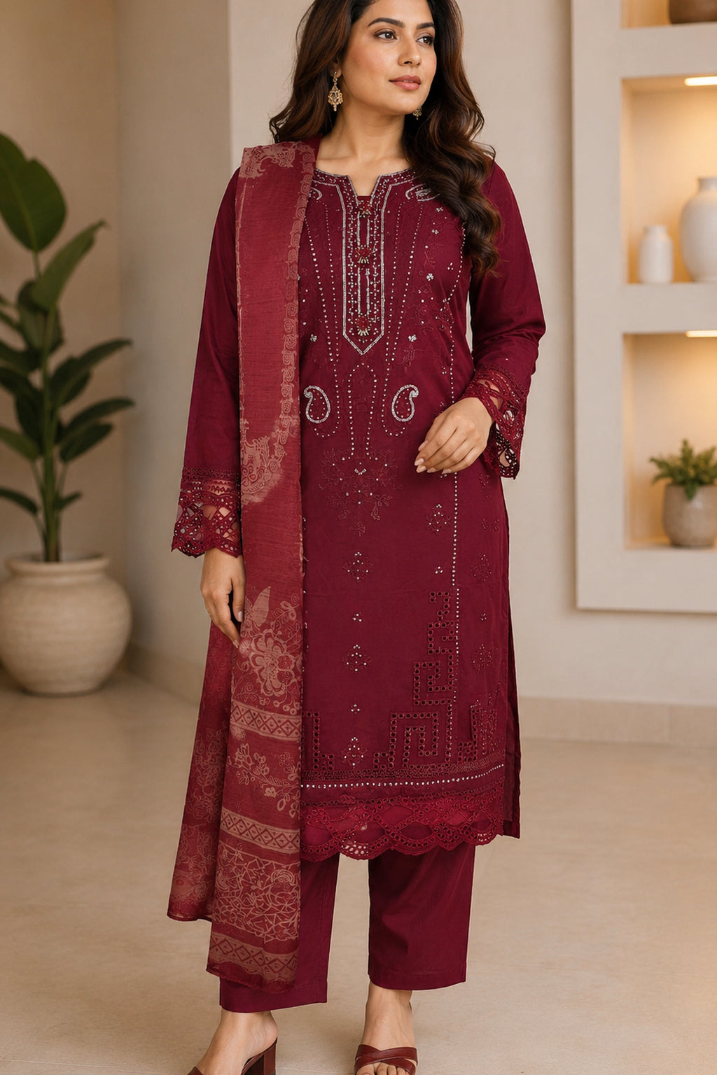 maroon ladies palazzo pakistani salwar kameez kurta suit casual everyday wear embroidered. 