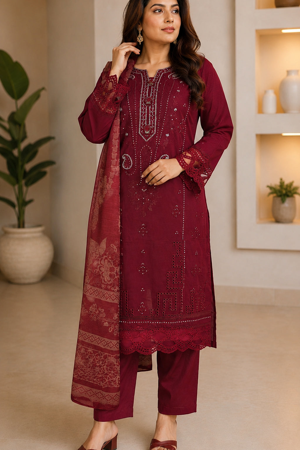 maroon ladies palazzo pakistani salwar kameez kurta suit casual everyday wear embroidered. 