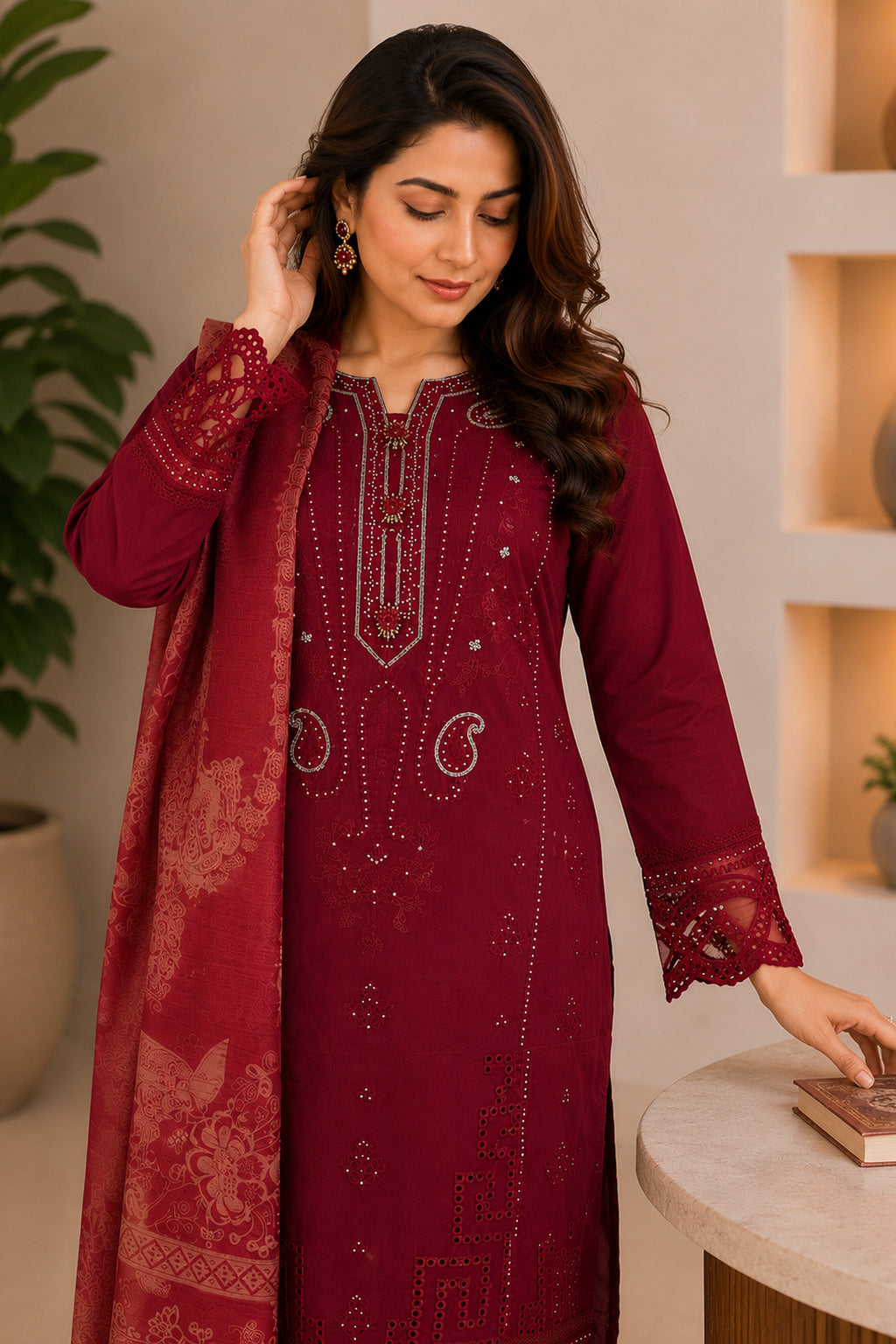 maroon ladies palazzo pakistani salwar kameez kurta suit casual everyday wear embroidered. 
