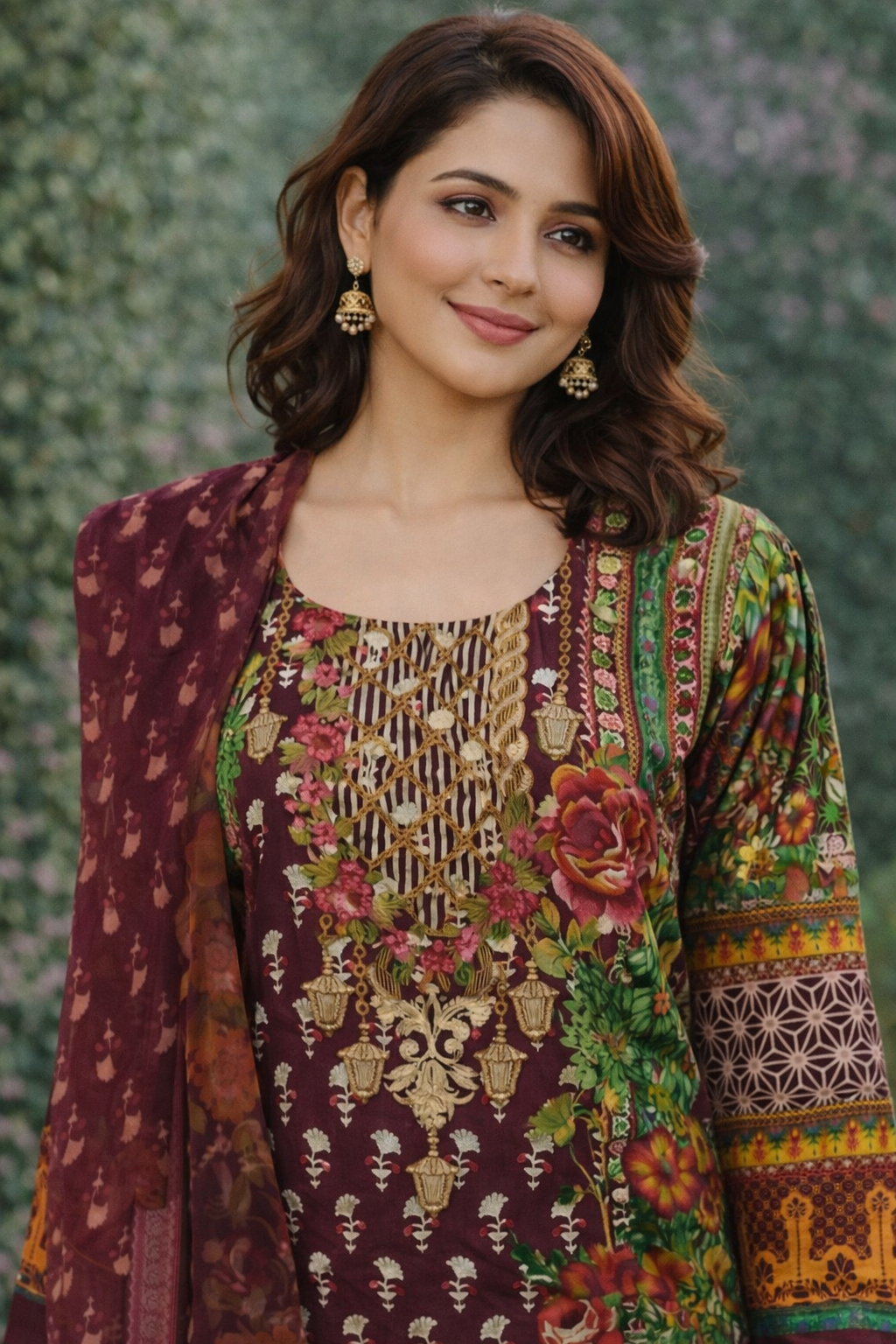 Maroon Ladies Printed Cotton Trouser Suit Close View