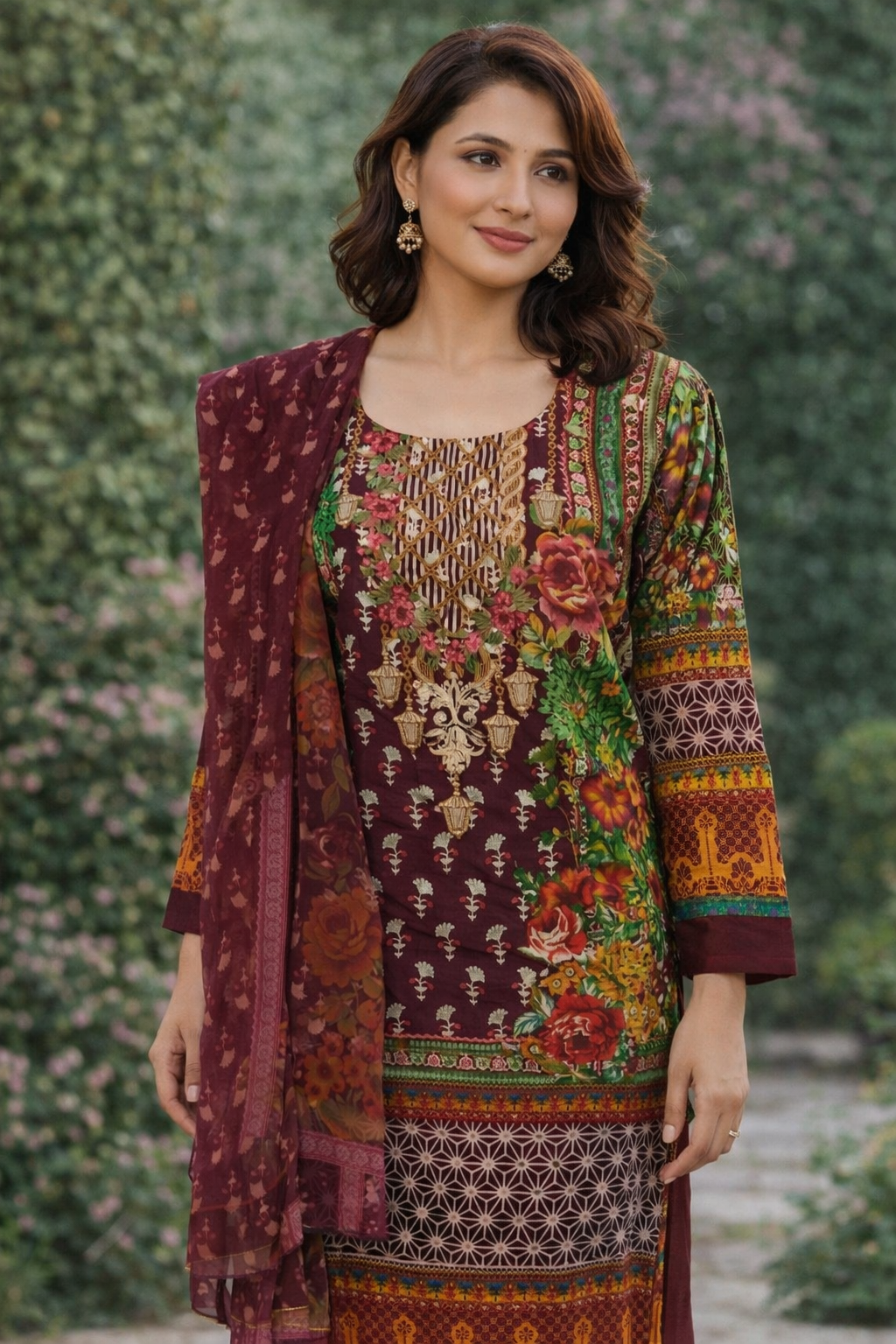 Maroon Ladies Printed Cotton Trouser Suit Full View