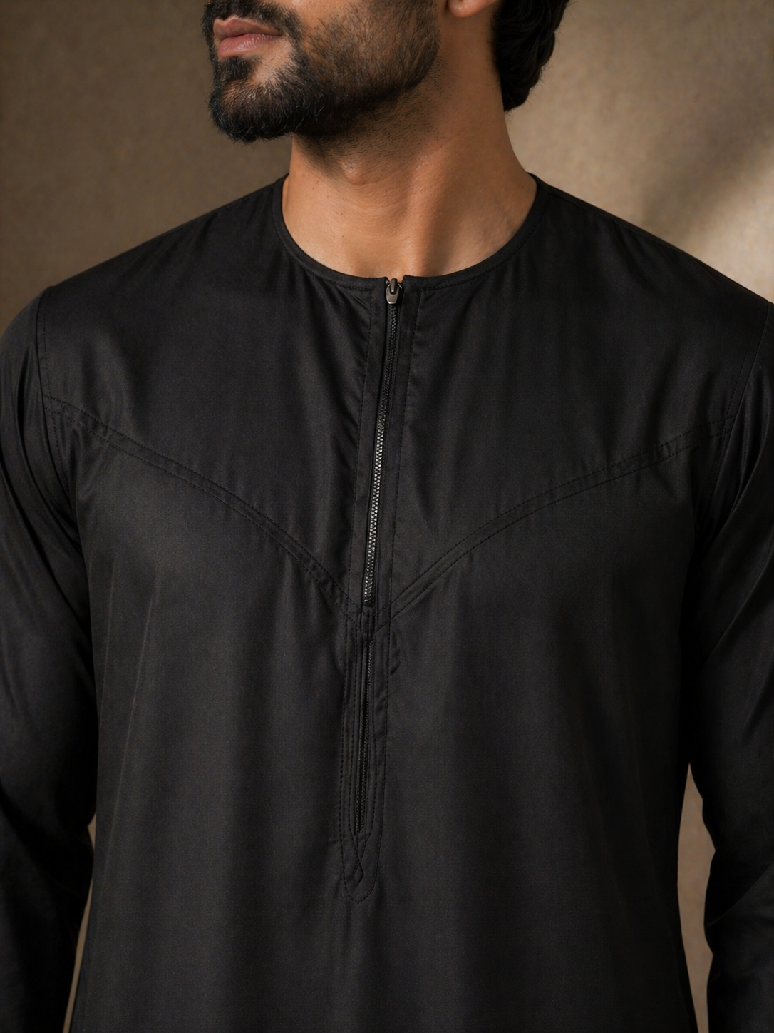 Mens Black Jubba Thobe UK Close Up View For Mosque Prayer, Saudi Style Jubba