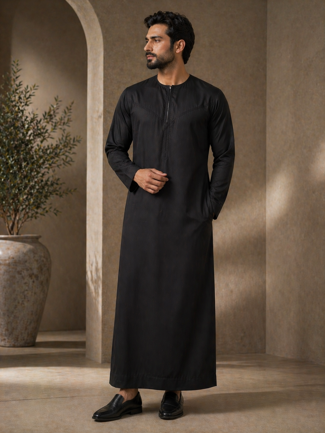 Mens Black Jubba Thobe UK Full Length View For Mosque Prayer, Saudi Style Jubba