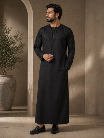 Mens Black Jubba Thobe UK Full Length View For Mosque Prayer, Saudi Style Jubba