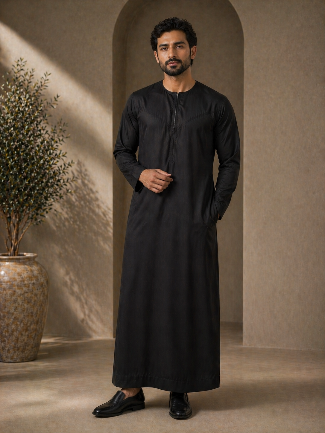 Mens Black Jubba Thobe UK Full Length View For Mosque Prayer, Saudi Style Jubba
