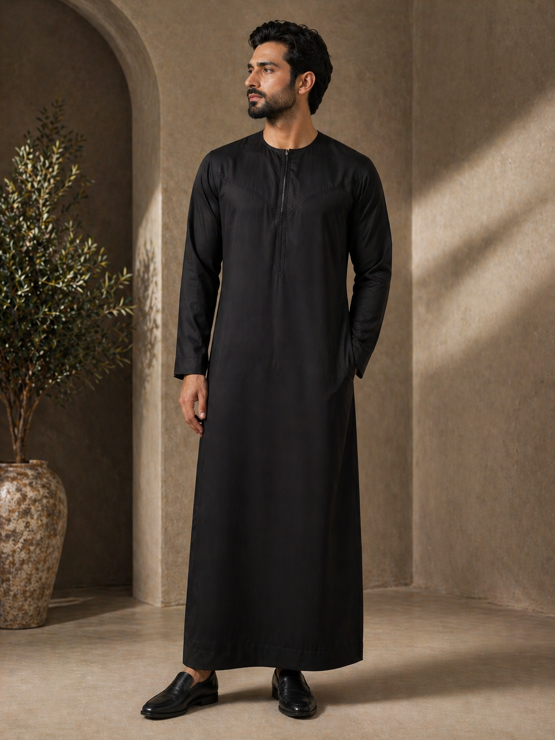 Mens Black Jubba Thobe UK Full Length View For Mosque Prayer, Saudi Style Jubba