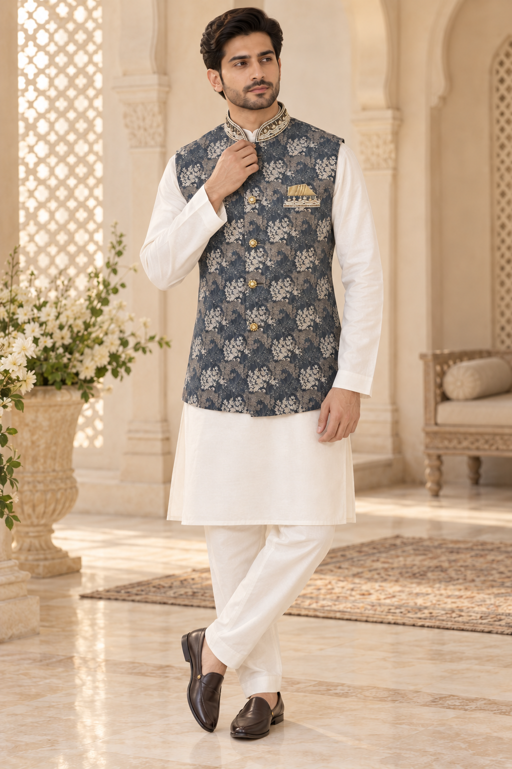 Men’s Blue Grey Embroidered Indian Nehru Jacket