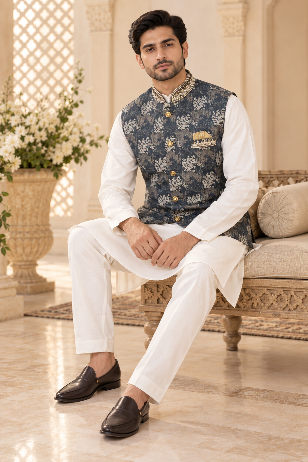 Men’s Blue Grey Embroidered Indian Nehru Jacket
