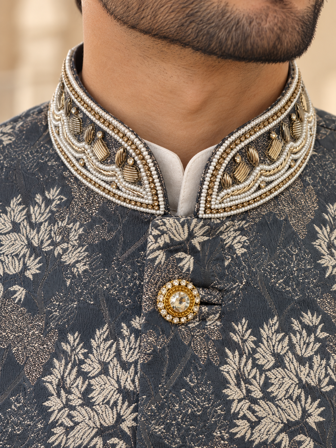 Men’s Blue Grey Embroidered Indian Nehru Jacket