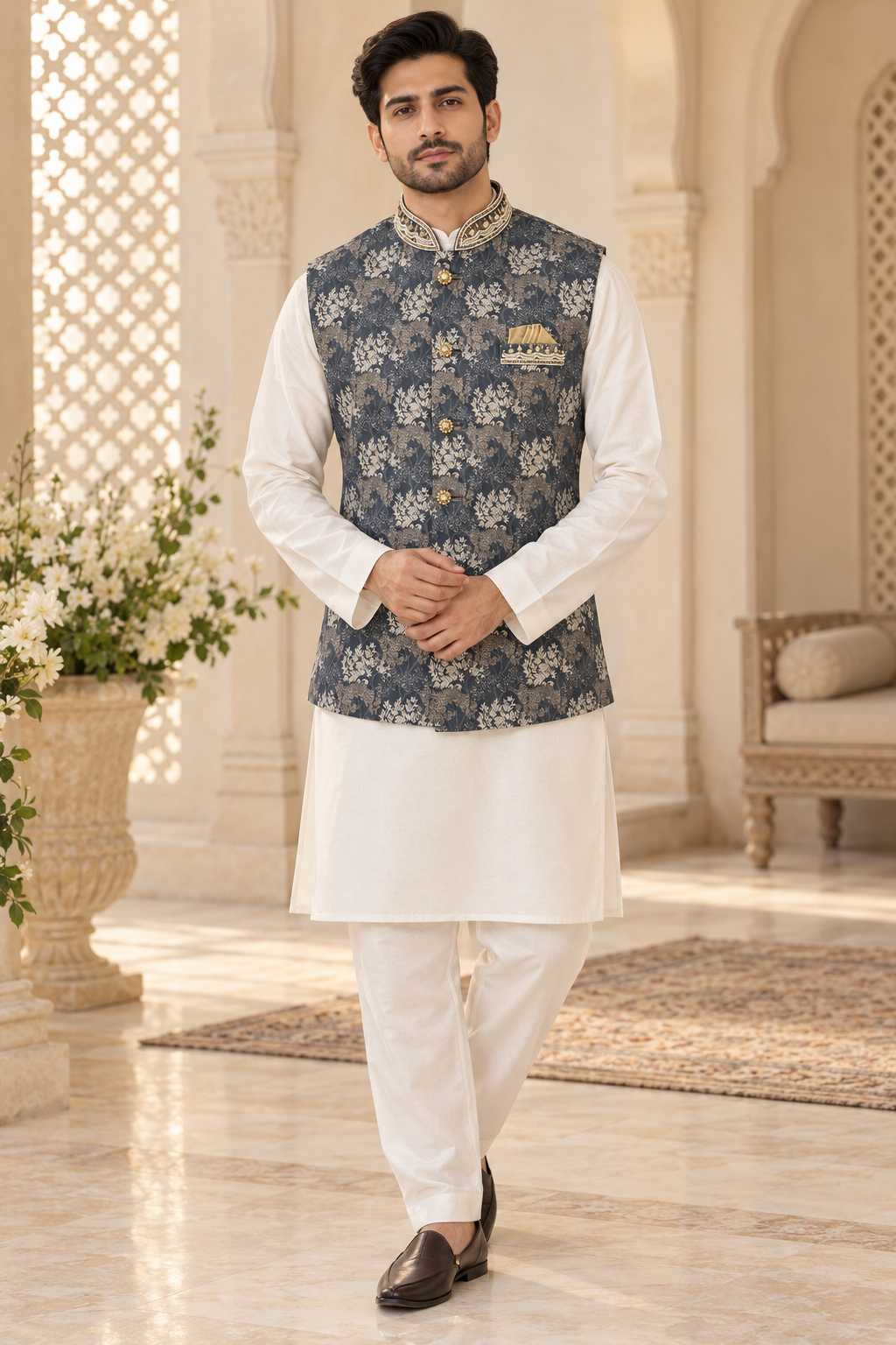 Men’s Blue Grey Embroidered Indian Nehru Jacket